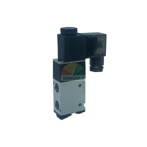 Pneumatic solenoid valve with coil and electrical connector on a white background