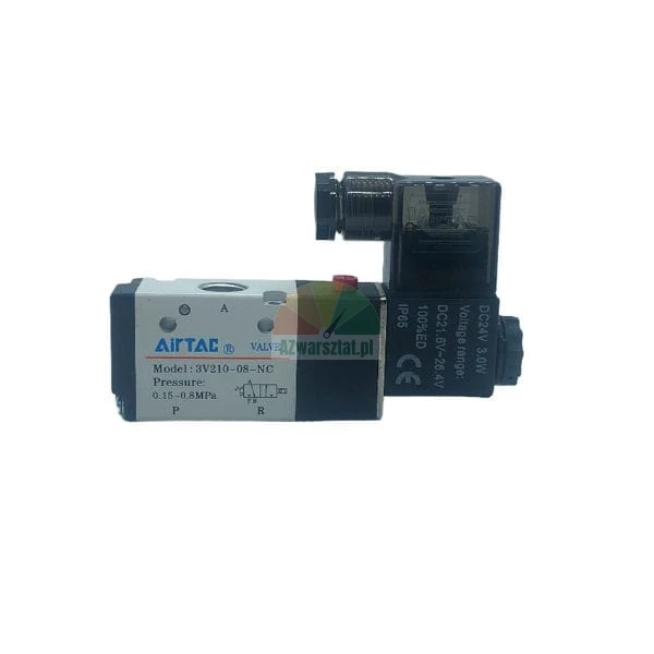 AirTAC 3V210-08-NC pneumatic solenoid valve, 3/2-way, 24V DC, normally closed.
