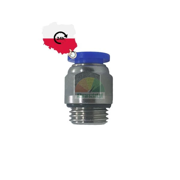 Straight metal push-in fitting for pneumatics with blue release ring and male thread.