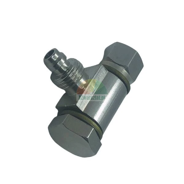 Metal hydraulic fitting, banjo bolt with nipple and hex nuts, isolated on white background.