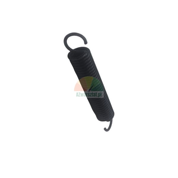 Black tension spring with hooks on both ends on a white background.