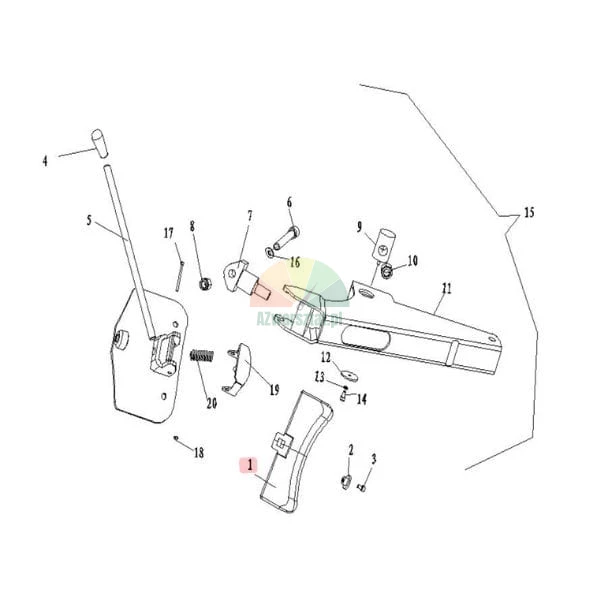 Technical exploded view diagram of a mechanical lever assembly with part 1 highlighted.