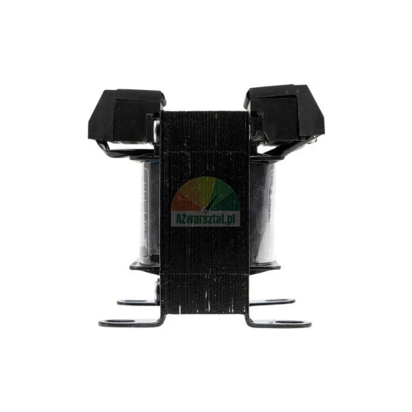 Side view of a black electrical transformer with metal core and mounting brackets.