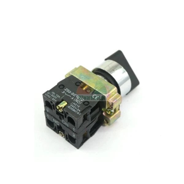 Industrial rotary selector switch ZB2-BE101C with contact block on a white background.
