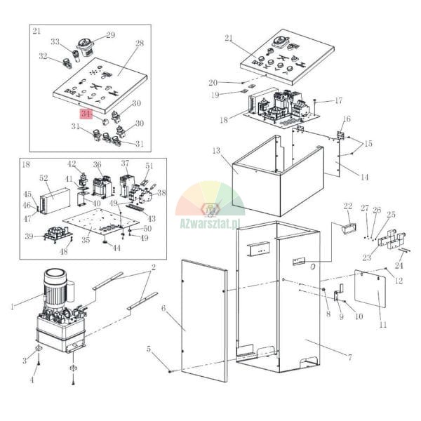 Exploded technical diagram of a control cabinet showing various mechanical and electrical components with part number 34 highlighted in red.