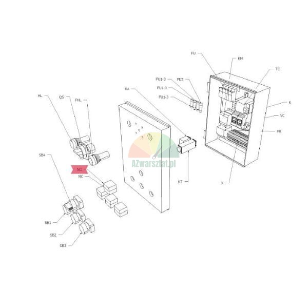 Exploded view technical diagram of an electrical control box with labeled internal components and a pink highlighted NO contact.