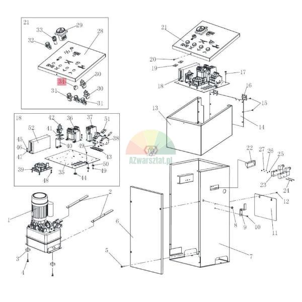 Technical exploded view of an industrial control cabinet with component 34 highlighted in red.