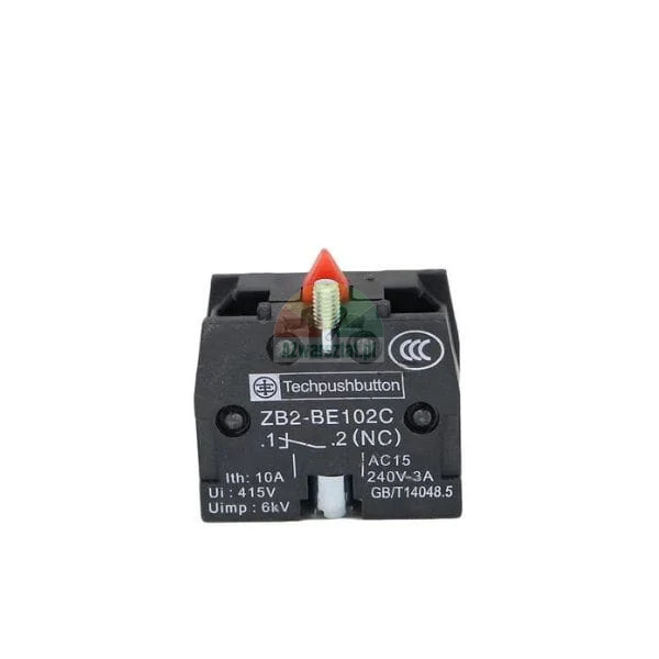 Black NC contact block Techpushbutton ZB2-BE102C with technical markings and a red plunger.