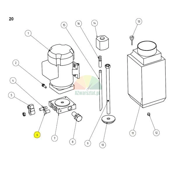 Technical exploded view diagram of a pump or motor assembly with numbered parts, where component number 6 is highlighted in yellow.