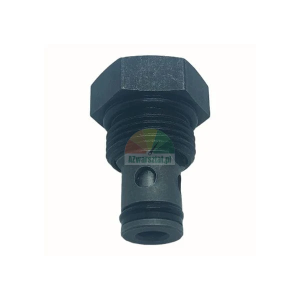 Black metal hydraulic valve with a hexagonal head, thread, and o-ring seal on a white background
