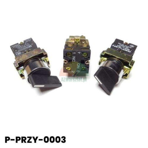 2-position selector switch with 2xNO contact block, showing knobs and the back of the contact block.