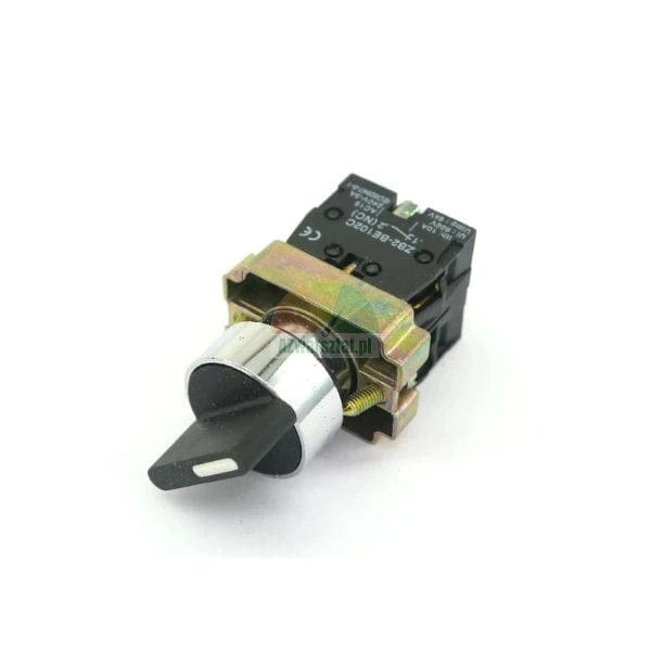 Two-position rotary selector switch with a black knob and metal mounting frame on a white background.