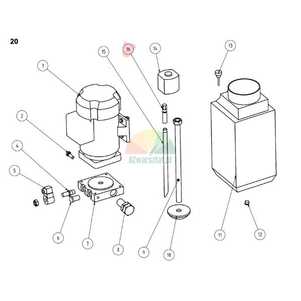 Technical diagram of a hydraulic unit assembly with numbered components, item 16 is highlighted in pink.