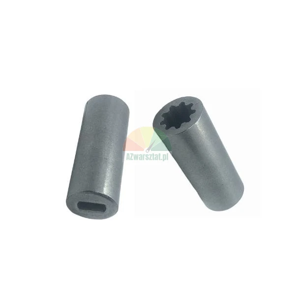 Metal adapter sleeves with splined and slotted internal profiles on a white background.