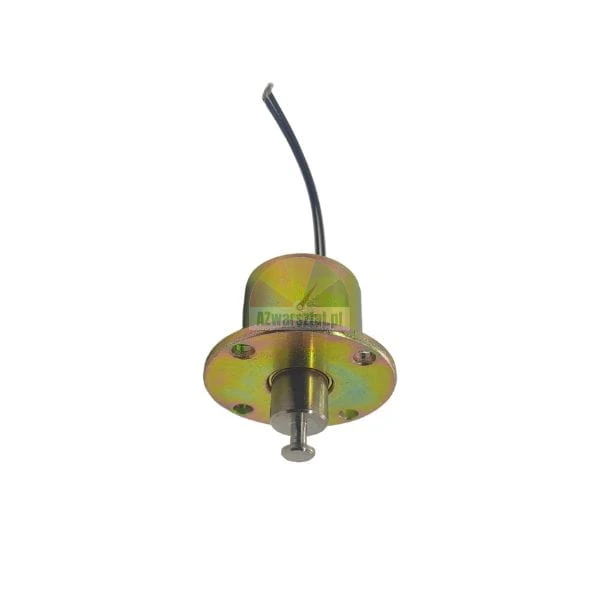 Electromechanical solenoid with mounting flange, gold finish and black wires.