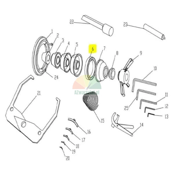 Technical diagram of wheel balancer parts with highlighted element number 6, representing a pressure ring or spacer.