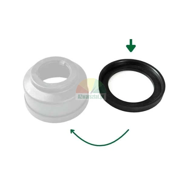 Black rubber seal and white housing component with assembly arrows