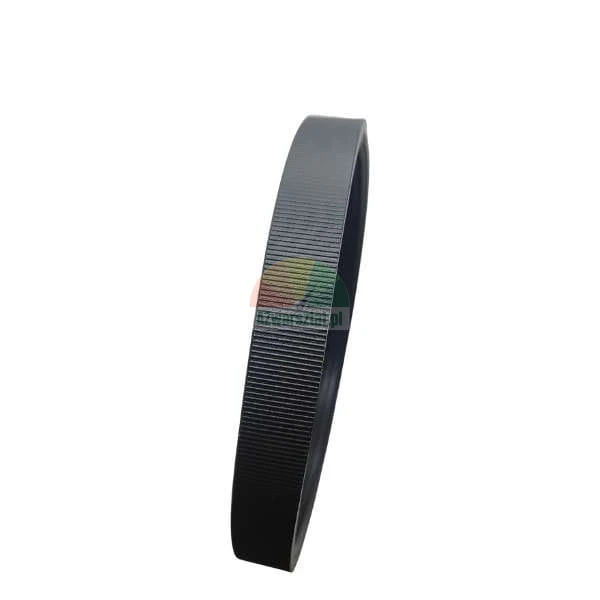 Black rubber drive belt with a ribbed surface shown on a white background.