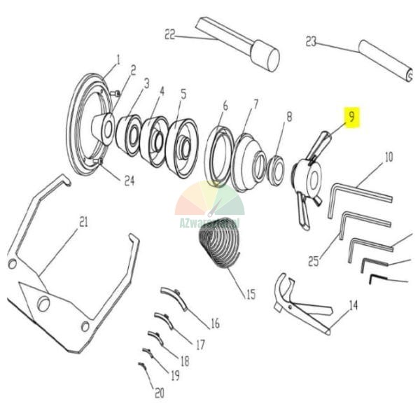 Exploded view diagram of wheel balancer accessories with part 9 highlighted.