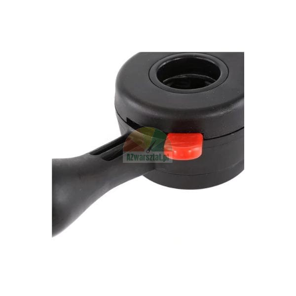 Black plastic tool handle mechanism with a red adjustment button