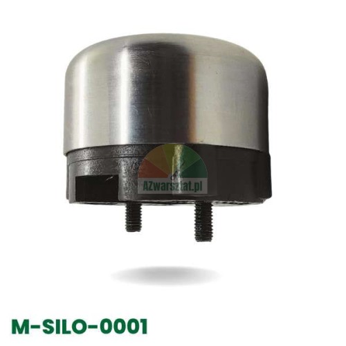Complete vertical and horizontal mushroom-shaped actuator with silver metal cover and black base, model M-SILO-0001.