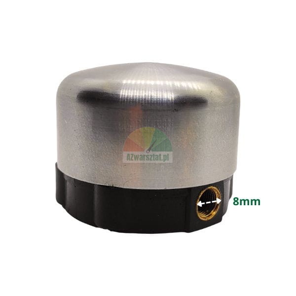 Silver metal cap on a black plastic base with an 8mm threaded hole.