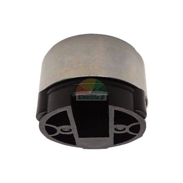 Metal mounting element with a black plastic base and a cutout.