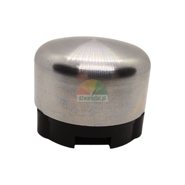 Silver metal cap with a black plastic base on a white background.