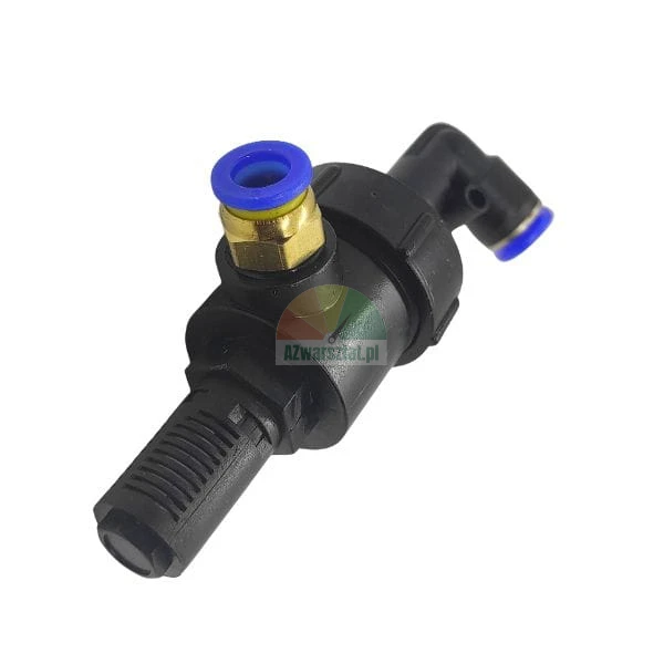Black pneumatic vacuum ejector with blue push-in fittings and a brass component
