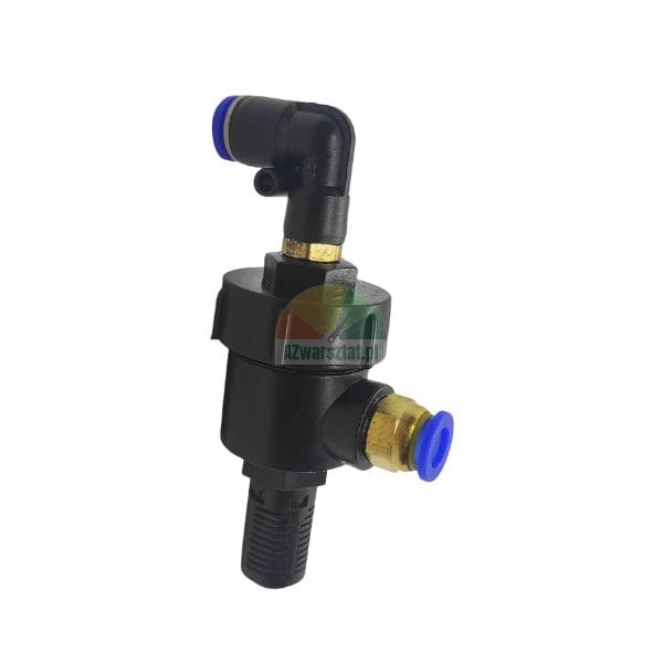 Pneumatic quick-connect fitting with an L-shaped elbow and brass components on a white background.