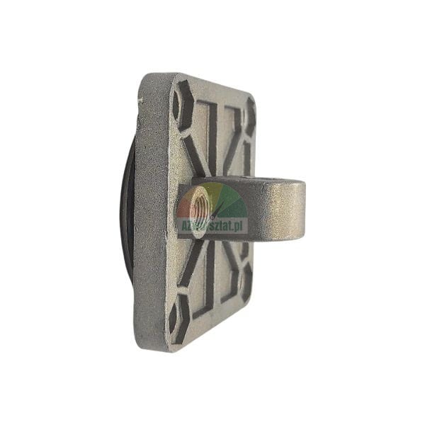 Metal square mounting base for outdoor lighting, side view showing threaded attachment point.