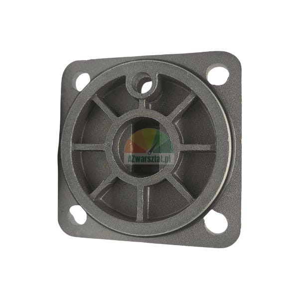 Dark gray metal industrial mounting flange with a circular center internal ribs and four corner bolt holes on a white background