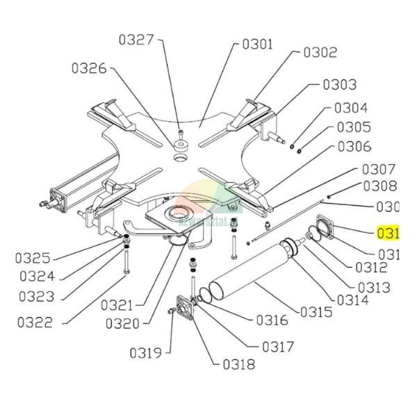 Technical exploded view diagram of a machine assembly with numbered parts and item 0311 highlighted in yellow.