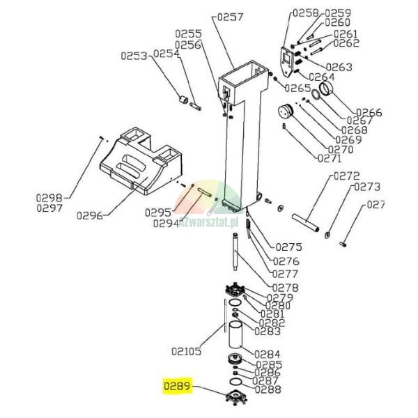 Technical exploded view diagram of a machine assembly with part 0289 highlighted in yellow.