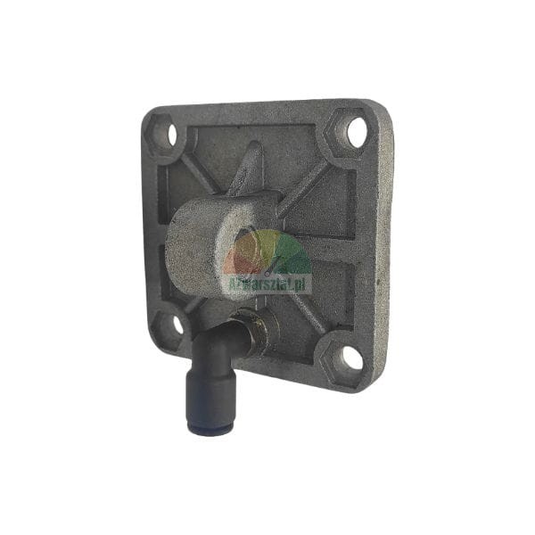 Metal mounting plate with an eyelet and black elbow pneumatic fitting