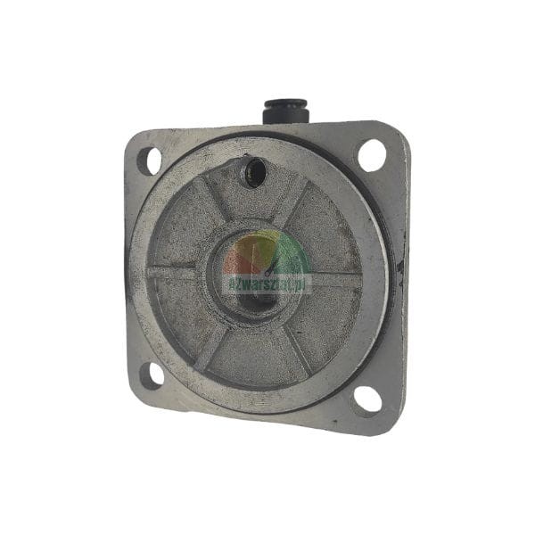 Metal pump housing flange with four mounting holes on a white background