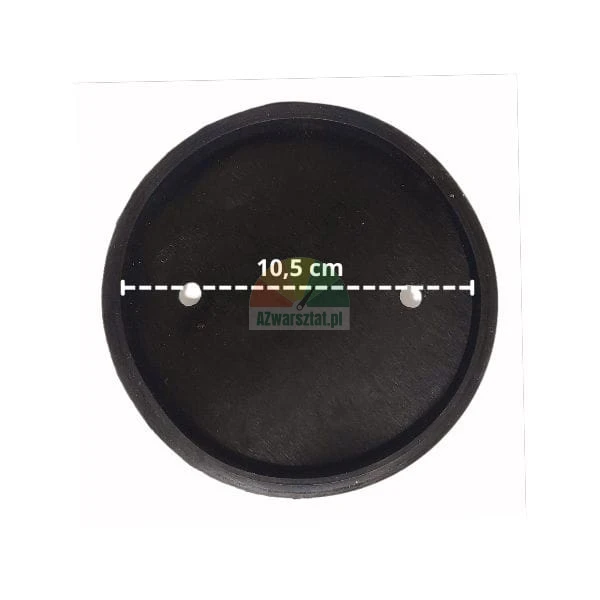 Black circular cap with a 10,5 cm diameter and two mounting holes.