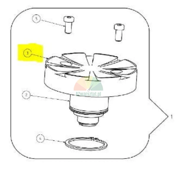 Technical assembly drawing of a mechanical component with a yellow highlight on part number 3, including bolts and a retaining ring.