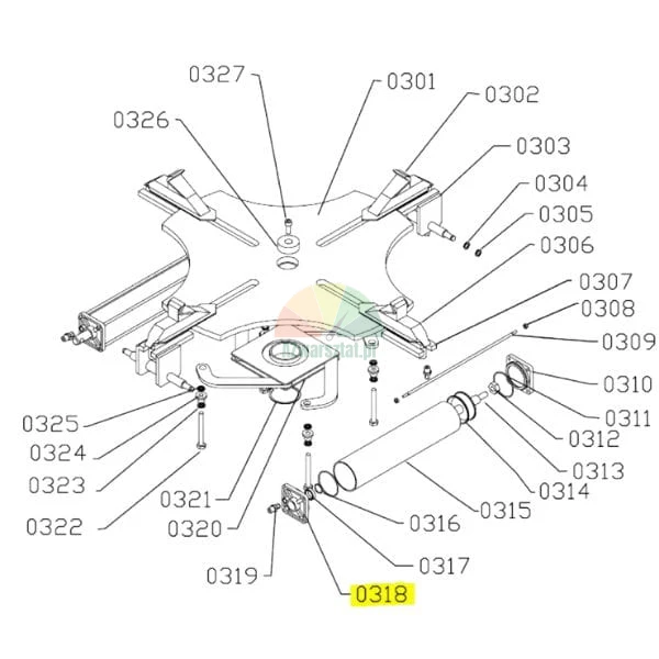 Technical drawing of a turntable assembly in exploded view with part 0318 highlighted