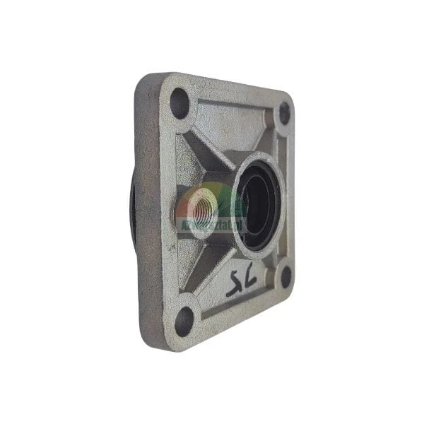 Square metal flange with four mounting holes and a central hub on a white background