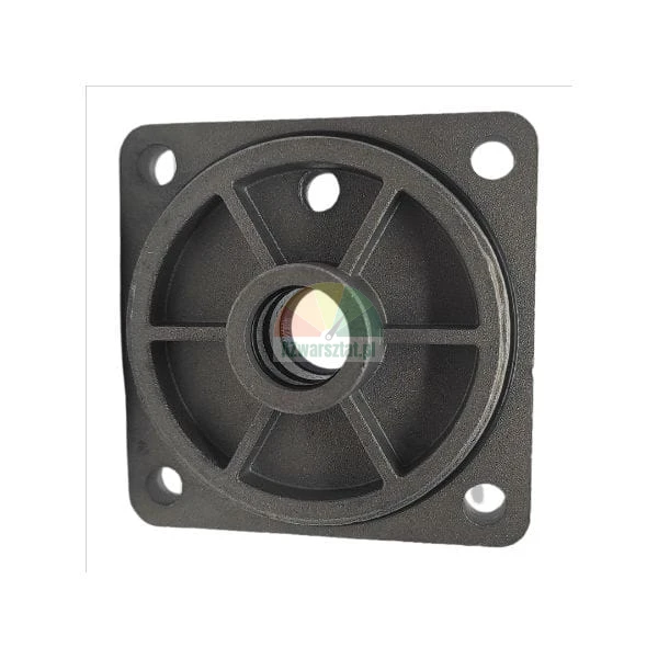 Black metal square flange with a central circular opening and four mounting holes in the corners.