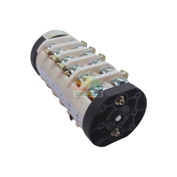Multi-section rotary cam switch with screw terminals on a white background.