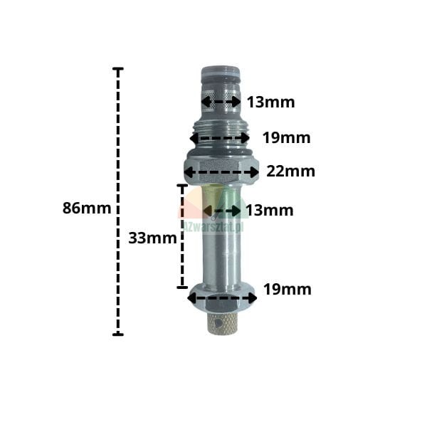 Metal mechanical part with dimensions: total length 86mm, partial length 33mm and diameters 13mm, 19mm, 22mm.