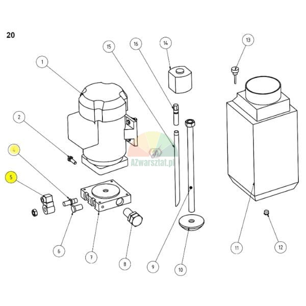 Technical exploded view diagram of a machine assembly with numbered components, where items 4 and 5 are highlighted in yellow.