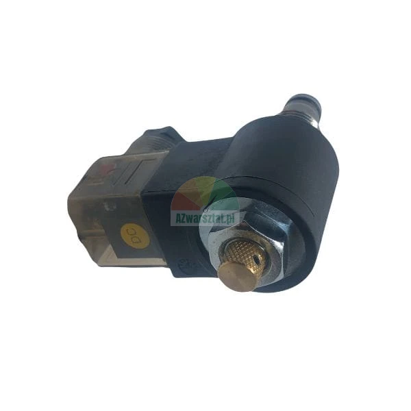 Solenoid valve coil with transparent connector and brass manual override pin on a white background