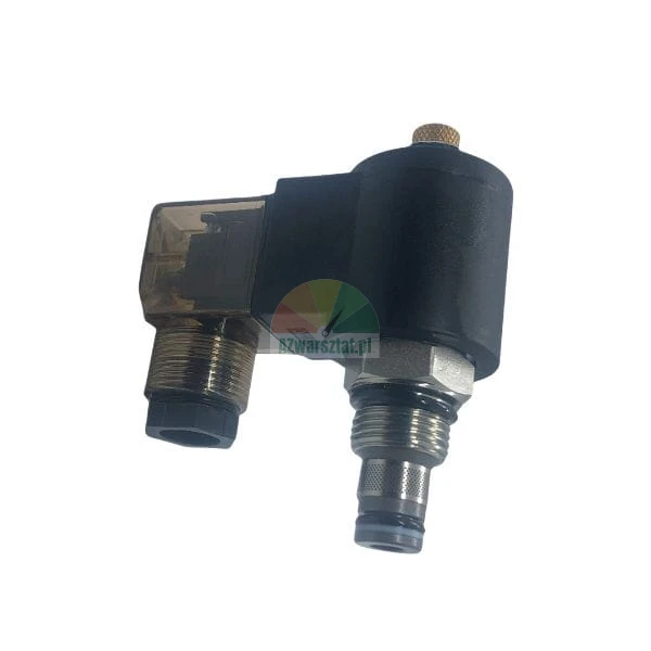 Hydraulic solenoid cartridge valve with coil and electric connector on white background.