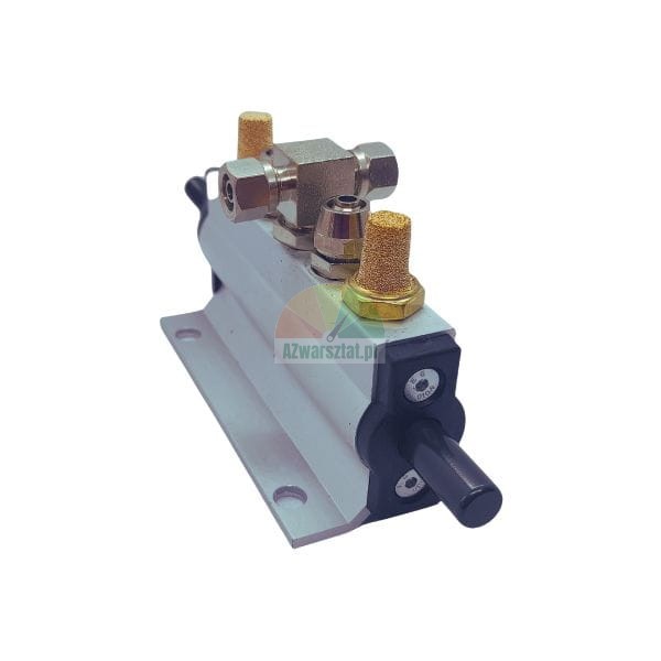 Pneumatic valve block with silencers and fittings on a white background.