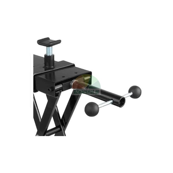 Close-up of a black motorcycle scissor lift showing the adjustable screw and crank handle with ball knobs