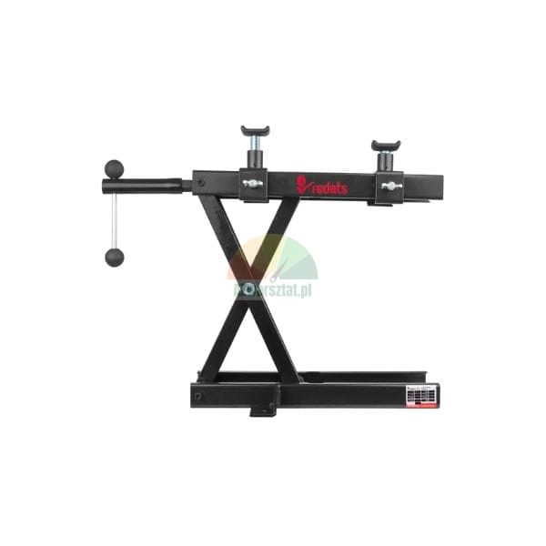 REDATS black motorcycle scissor lift jack with adjustable supports on a white background.