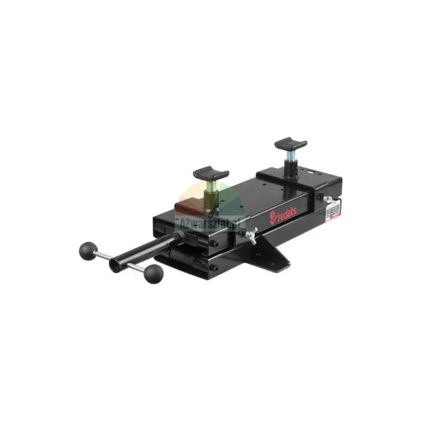 Black mechanical scissor lift with two adjustable supports and a manual handle by Redats.